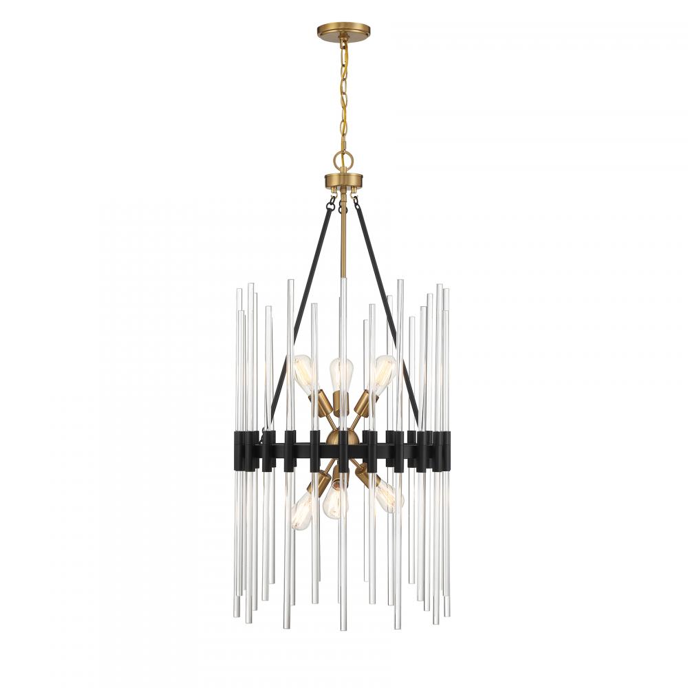 Santiago 6-Light Pendant in Matte Black with Warm Brass Accents