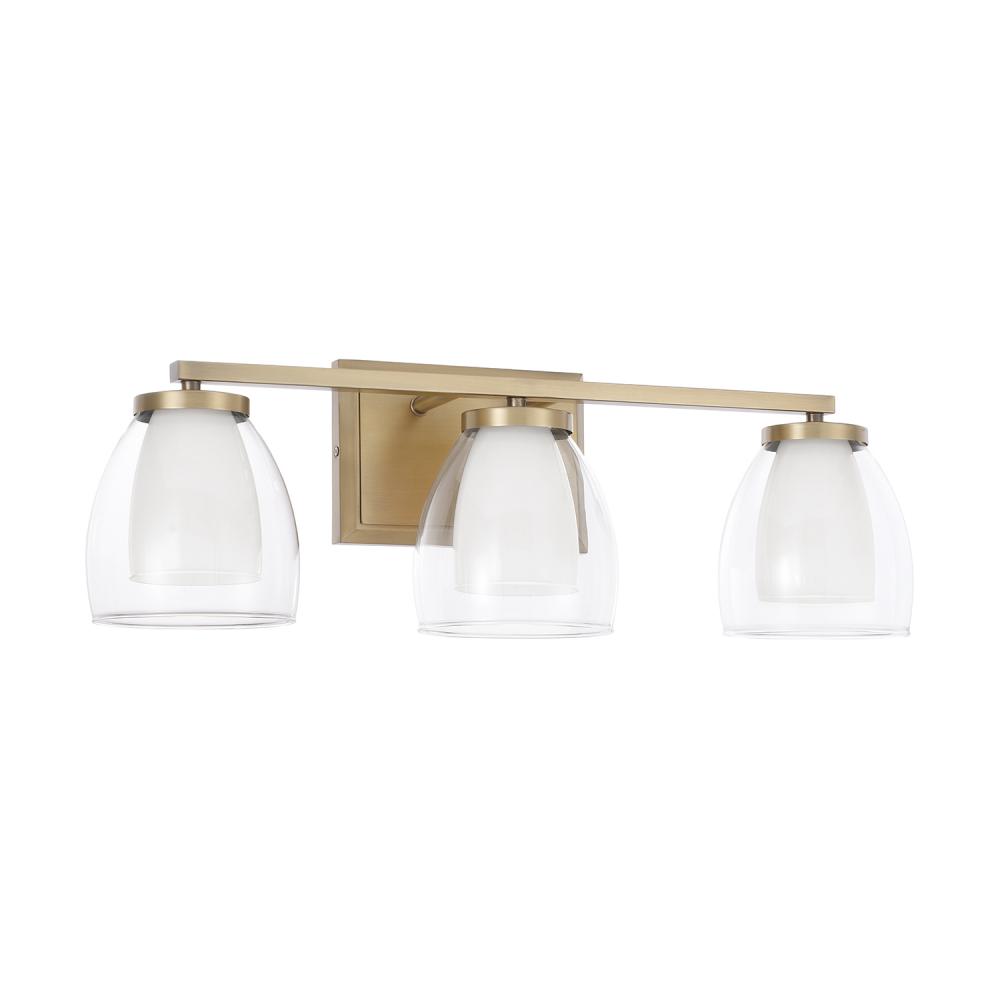 3-Light Vanity in Aged Brass with Layered White and Clear Glass