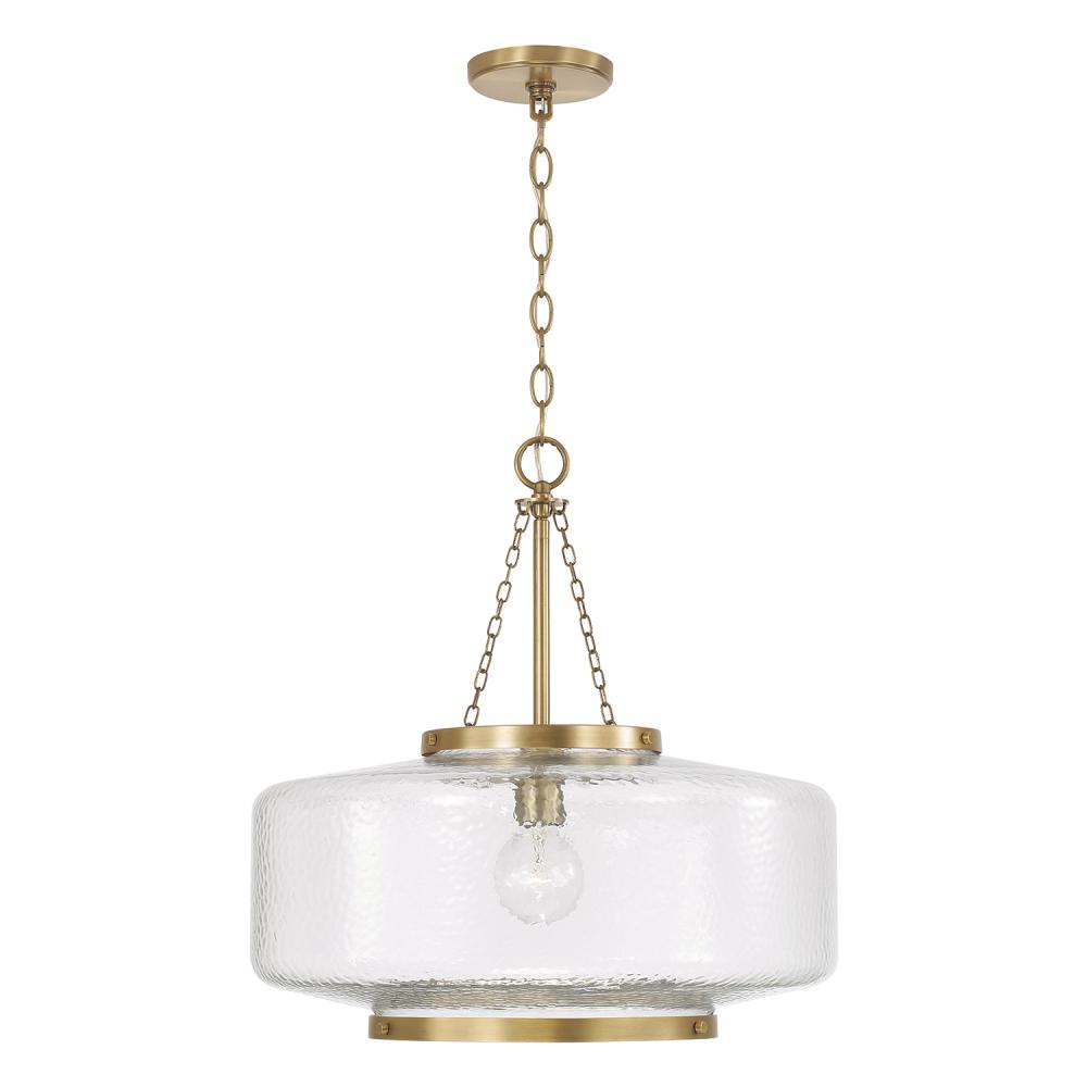 1-Light Cloche Pendant in Aged Brass with Organic Hammered Glass